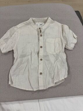 Zara Kids Cream Short-Sleeve Button-Down Shirt with Mandarin Collar